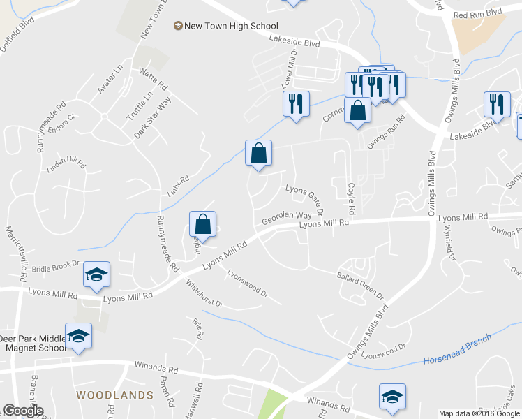 map of restaurants, bars, coffee shops, grocery stores, and more near 4611 Kings Mill Way in Owings Mills