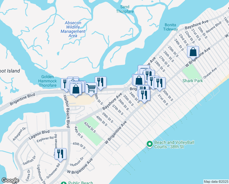 map of restaurants, bars, coffee shops, grocery stores, and more near 3624 Atlantic Brigantine Boulevard in Brigantine