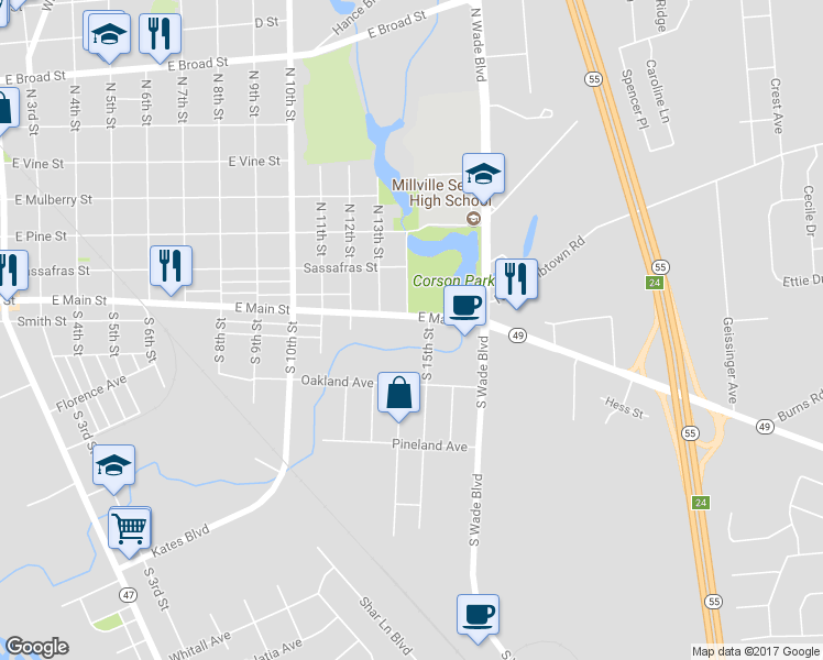 map of restaurants, bars, coffee shops, grocery stores, and more near 1407 East Main Street in Millville