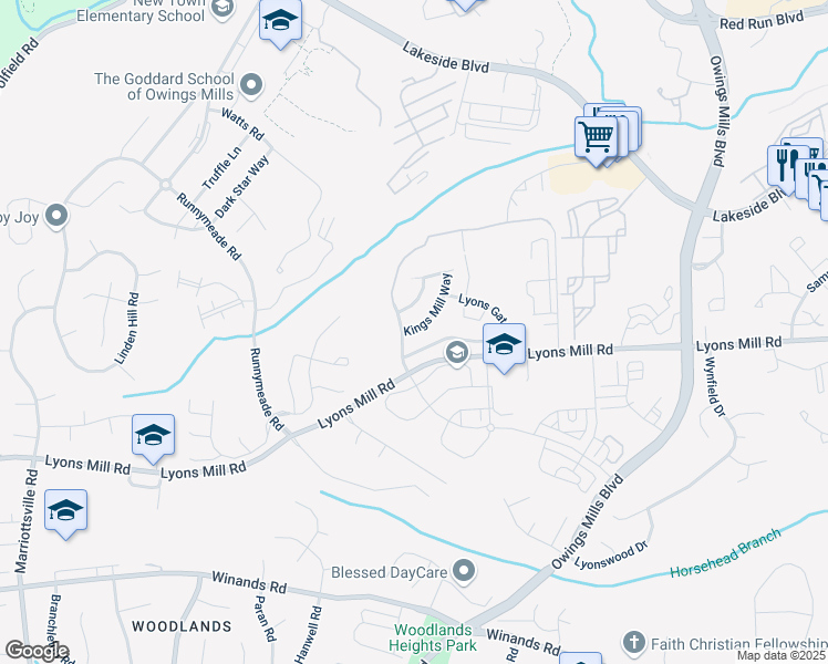 map of restaurants, bars, coffee shops, grocery stores, and more near 4611 Kings Mill Way in Owings Mills