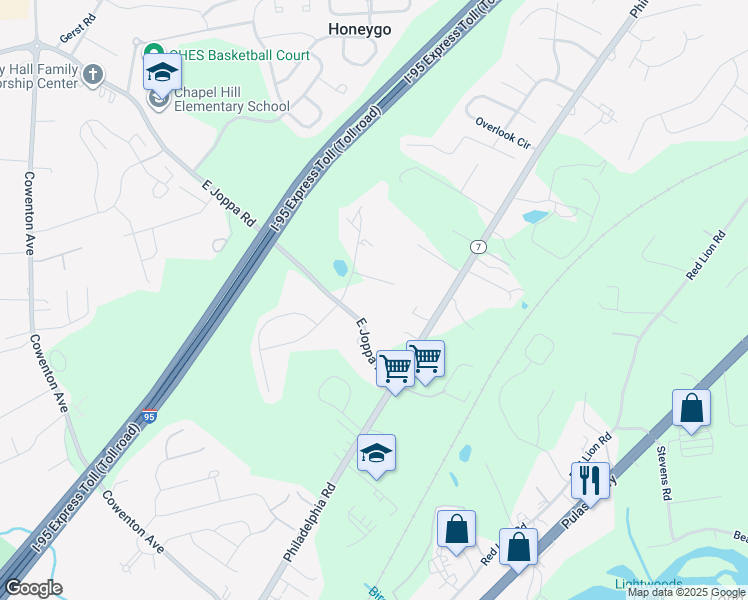 map of restaurants, bars, coffee shops, grocery stores, and more near 5505 Dunrovin Lane in Perry Hall