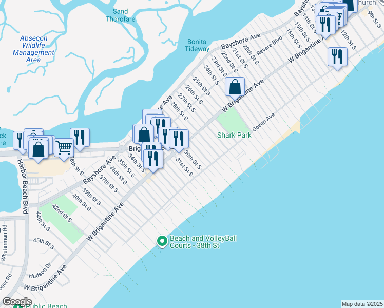 map of restaurants, bars, coffee shops, grocery stores, and more near 307 30th Street South in Brigantine