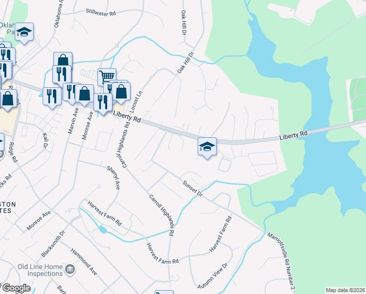 map of restaurants, bars, coffee shops, grocery stores, and more near 2205 Liberty Road in Sykesville