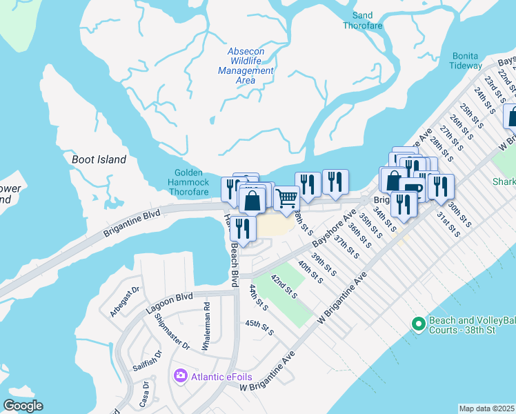 map of restaurants, bars, coffee shops, grocery stores, and more near 3900 Atlantic Brigantine Boulevard in Brigantine