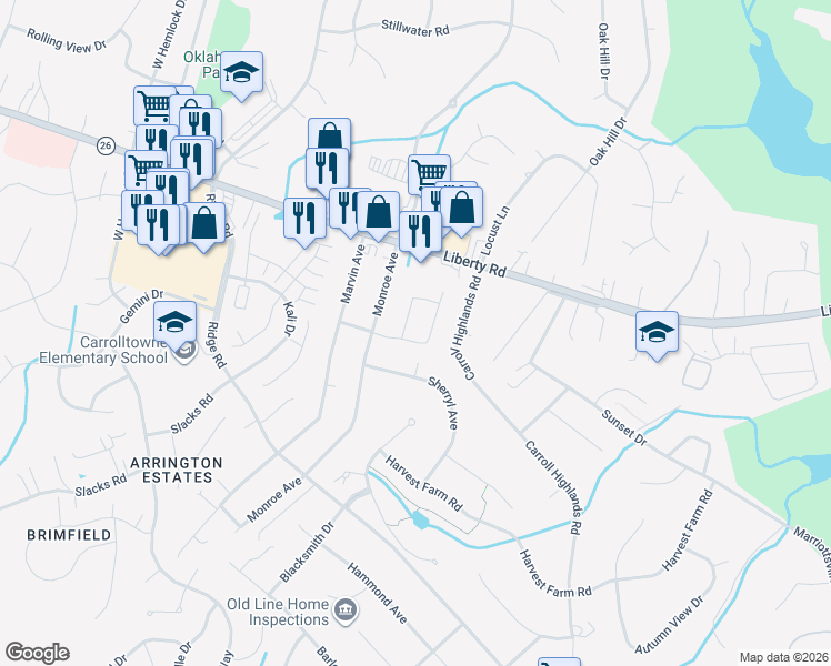 map of restaurants, bars, coffee shops, grocery stores, and more near 2001 Rudy Serra Drive in Sykesville
