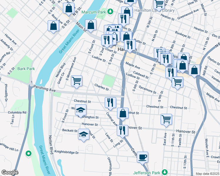 map of restaurants, bars, coffee shops, grocery stores, and more near 452 South 4th Street in Hamilton