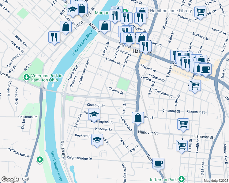 map of restaurants, bars, coffee shops, grocery stores, and more near 502 South 3rd Street in Hamilton