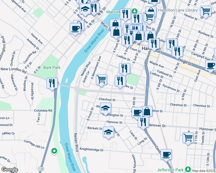 map of restaurants, bars, coffee shops, grocery stores, and more near 123 Wilson Street in Hamilton