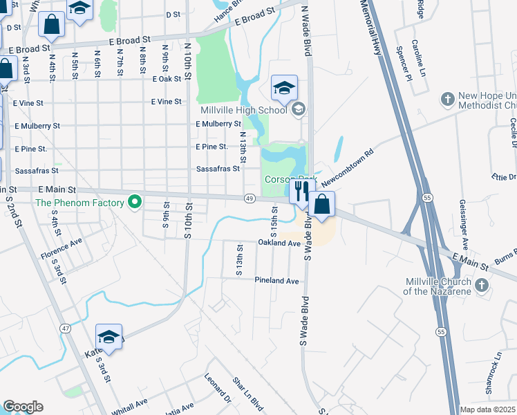 map of restaurants, bars, coffee shops, grocery stores, and more near 1407 East Main Street in Millville