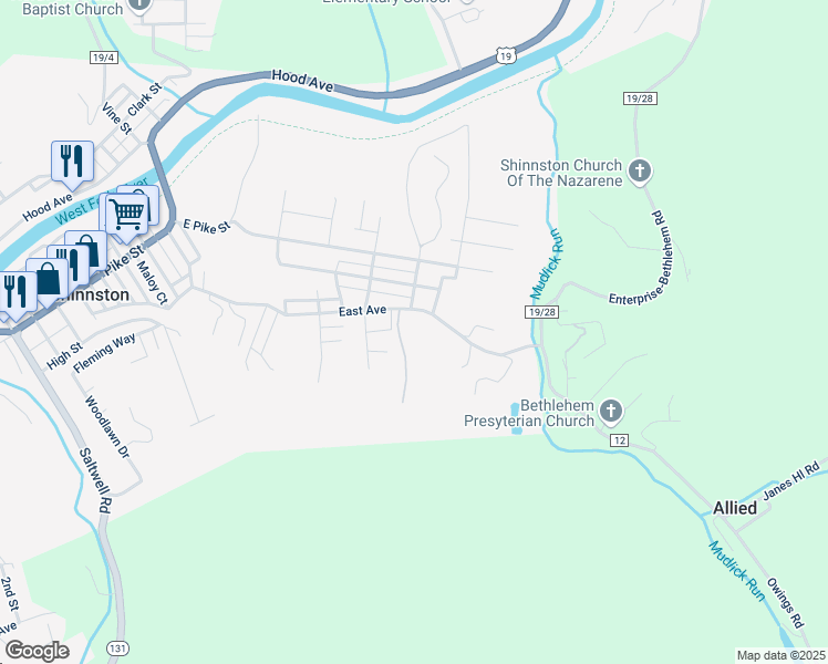 map of restaurants, bars, coffee shops, grocery stores, and more near 1149 East Avenue in Shinnston