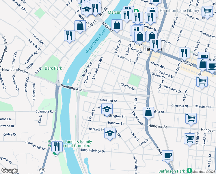 map of restaurants, bars, coffee shops, grocery stores, and more near 123 Wilson Street in Hamilton