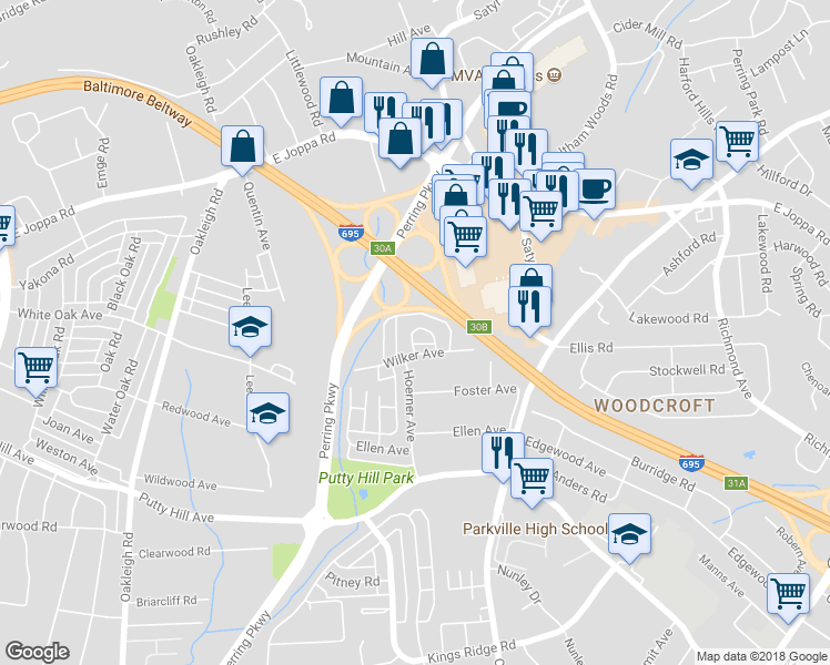 map of restaurants, bars, coffee shops, grocery stores, and more near 8739 Cimarron Circle in Parkville