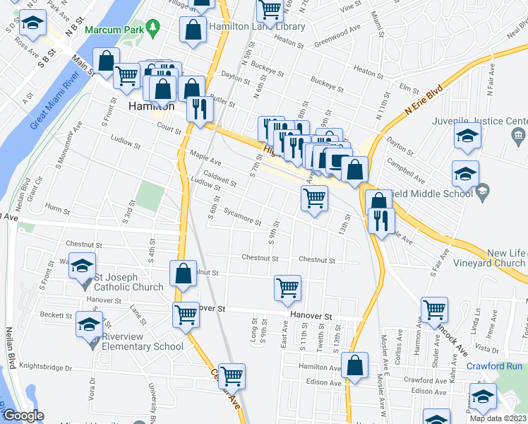 map of restaurants, bars, coffee shops, grocery stores, and more near 801 Ludlow Street in Hamilton
