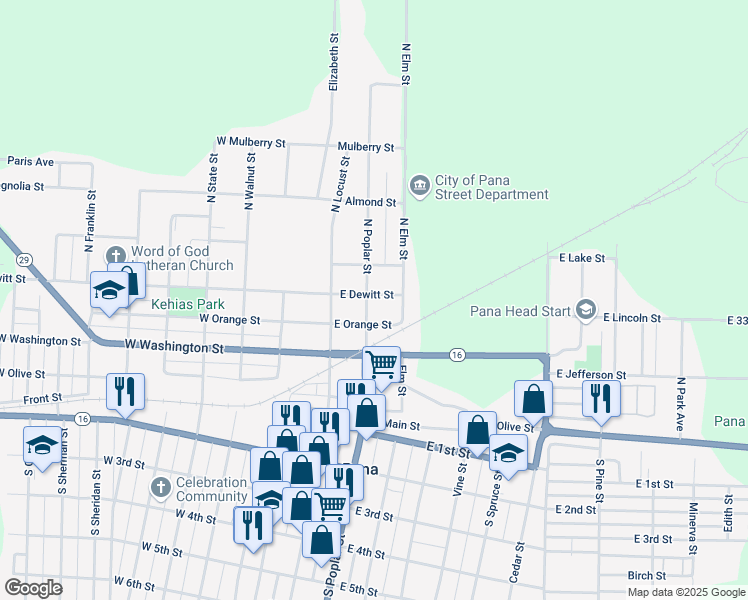 map of restaurants, bars, coffee shops, grocery stores, and more near 201 East Dewitt Street in Pana
