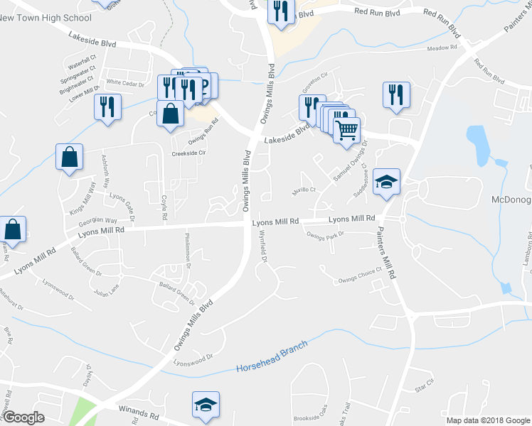 map of restaurants, bars, coffee shops, grocery stores, and more near 9306 Lyons Mill Road in Owings Mills