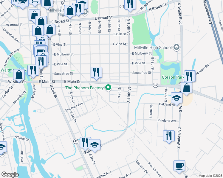 map of restaurants, bars, coffee shops, grocery stores, and more near 11 South 8th Street in Millville