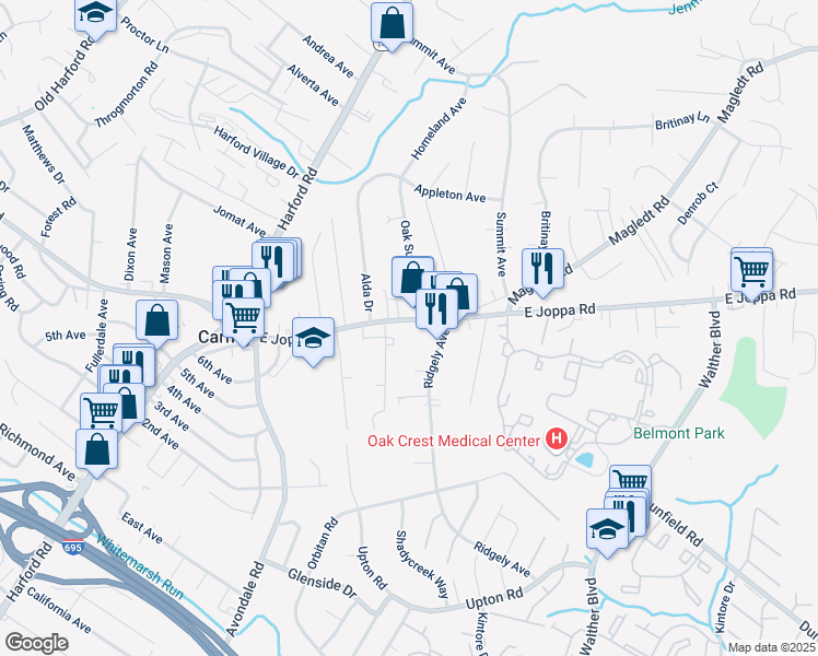 map of restaurants, bars, coffee shops, grocery stores, and more near 3239 East Joppa Road in Parkville