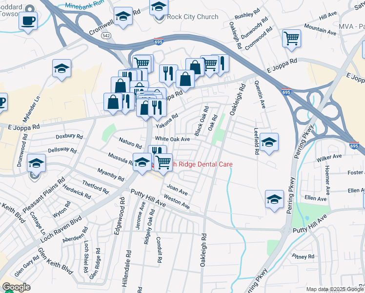 map of restaurants, bars, coffee shops, grocery stores, and more near 1714 Pin Oak Road in Parkville