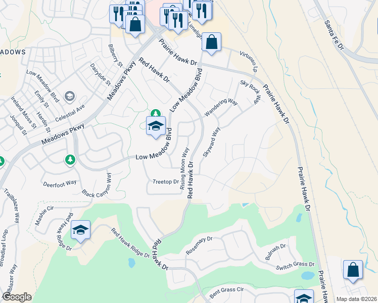 map of restaurants, bars, coffee shops, grocery stores, and more near 3070 Rising Moon Way in Castle Rock