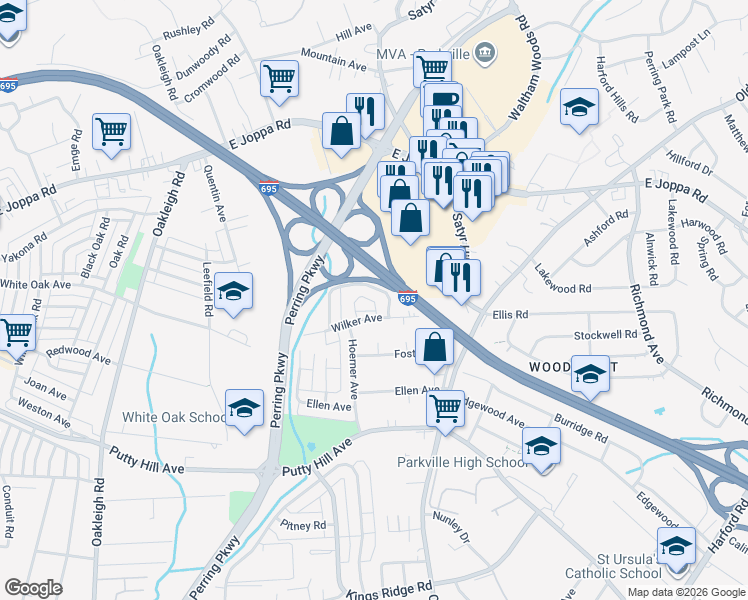 map of restaurants, bars, coffee shops, grocery stores, and more near 8768 Cimarron Circle in Parkville