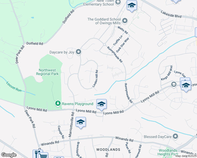 map of restaurants, bars, coffee shops, grocery stores, and more near 9906 Linden Hill Road in Owings Mills