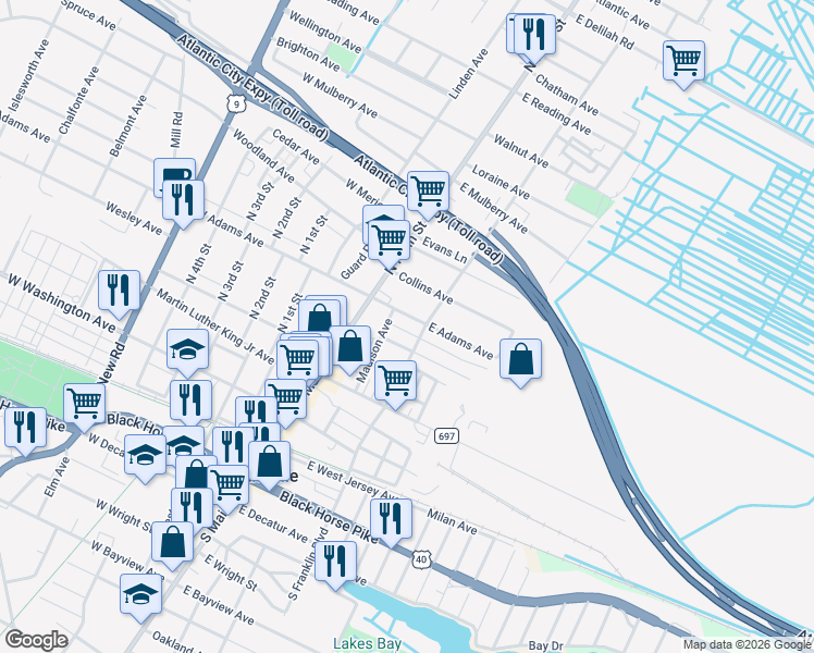 map of restaurants, bars, coffee shops, grocery stores, and more near 144 Madison Avenue in Pleasantville