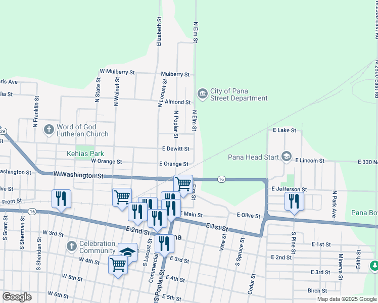 map of restaurants, bars, coffee shops, grocery stores, and more near 201 East Dewitt Street in Pana