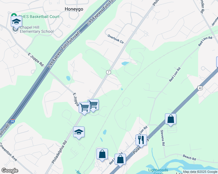 map of restaurants, bars, coffee shops, grocery stores, and more near 11147 Philadelphia Road in White Marsh