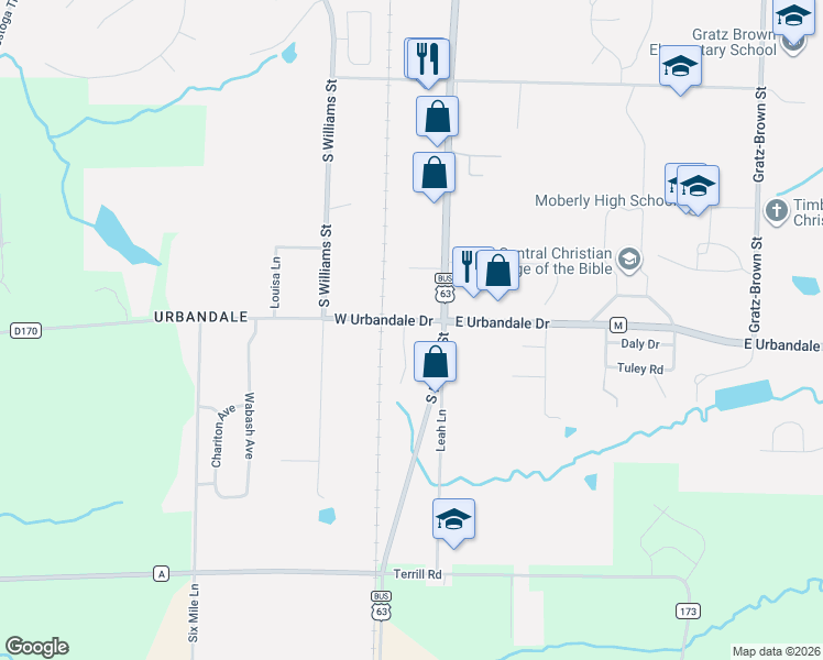 map of restaurants, bars, coffee shops, grocery stores, and more near 204 East Urbandale Drive in Moberly