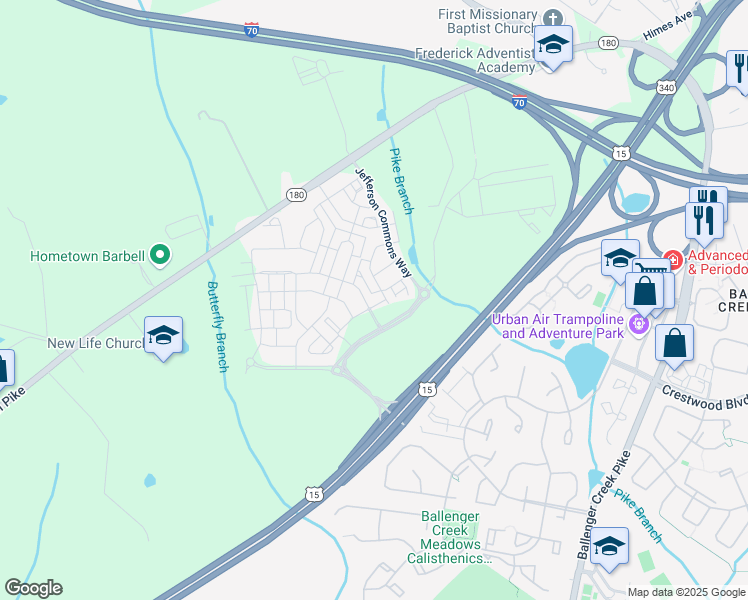 map of restaurants, bars, coffee shops, grocery stores, and more near 5904 Leben Drive in Frederick