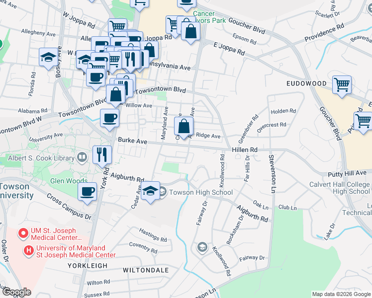 map of restaurants, bars, coffee shops, grocery stores, and more near 119 Burke Avenue in Towson