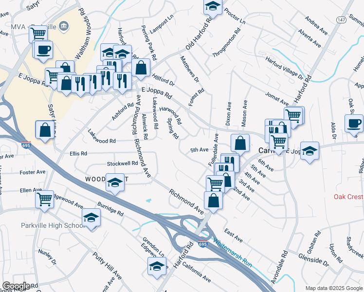 map of restaurants, bars, coffee shops, grocery stores, and more near 2702 2nd Avenue in Parkville