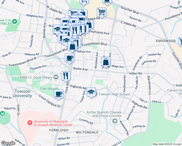 map of restaurants, bars, coffee shops, grocery stores, and more near 63 Burke Avenue in Towson