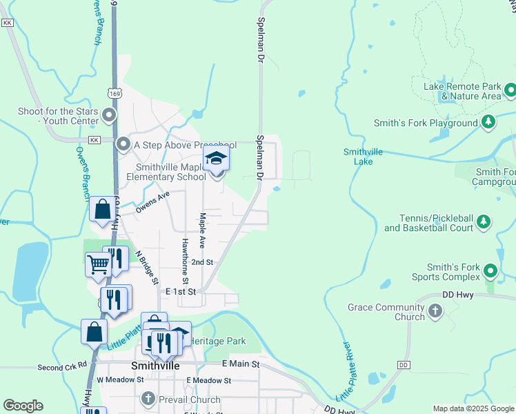 map of restaurants, bars, coffee shops, grocery stores, and more near 402 5th Street in Smithville