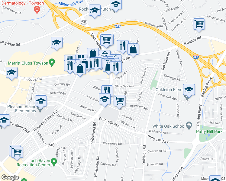 map of restaurants, bars, coffee shops, grocery stores, and more near 8521 Maryland 542 in Towson