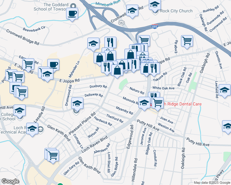 map of restaurants, bars, coffee shops, grocery stores, and more near 1602 Yakona Road in Towson