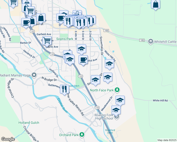 map of restaurants, bars, coffee shops, grocery stores, and more near 587 South 2nd Street in Carbondale