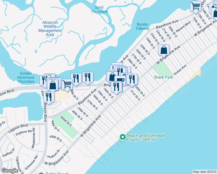 map of restaurants, bars, coffee shops, grocery stores, and more near 210 33rd Street South in Brigantine
