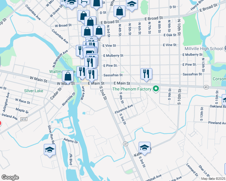 map of restaurants, bars, coffee shops, grocery stores, and more near 223 Smith Street in Millville