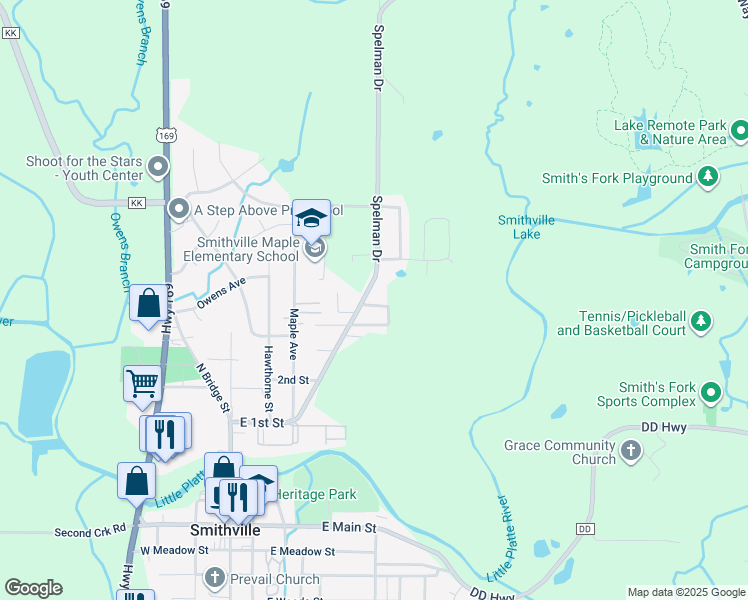 map of restaurants, bars, coffee shops, grocery stores, and more near 402 5th Street in Smithville