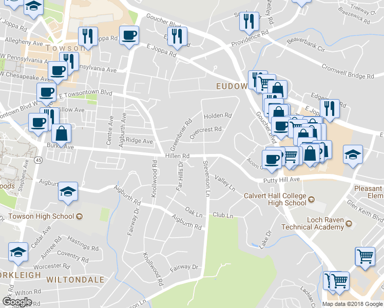 map of restaurants, bars, coffee shops, grocery stores, and more near 412 Hillen Road in Towson