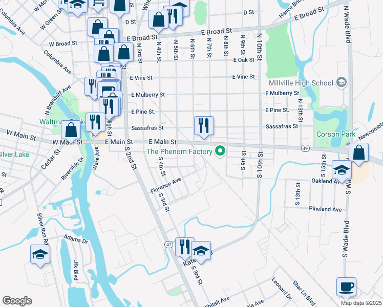 map of restaurants, bars, coffee shops, grocery stores, and more near 505 Smith Street in Millville