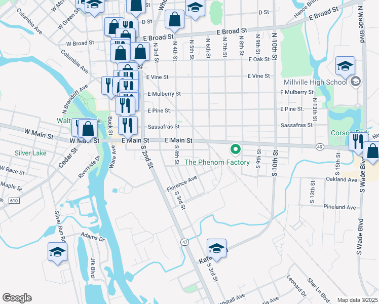 map of restaurants, bars, coffee shops, grocery stores, and more near 425 Smith Street in Millville