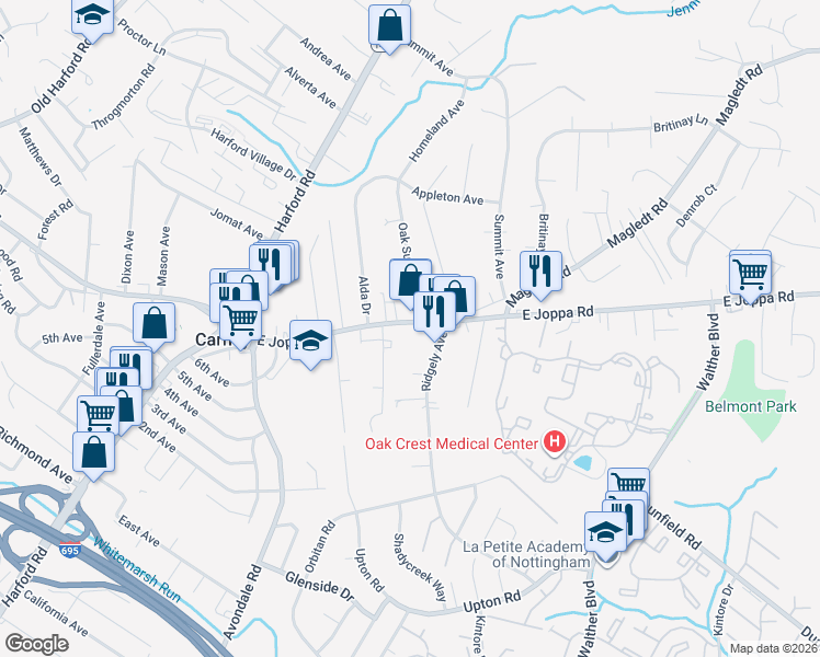 map of restaurants, bars, coffee shops, grocery stores, and more near 3227 East Joppa Road in Parkville