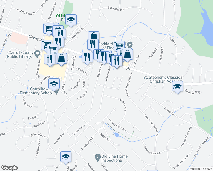 map of restaurants, bars, coffee shops, grocery stores, and more near 6521 Monroe Avenue in Eldersburg