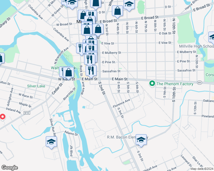 map of restaurants, bars, coffee shops, grocery stores, and more near 223 Smith Street in Millville