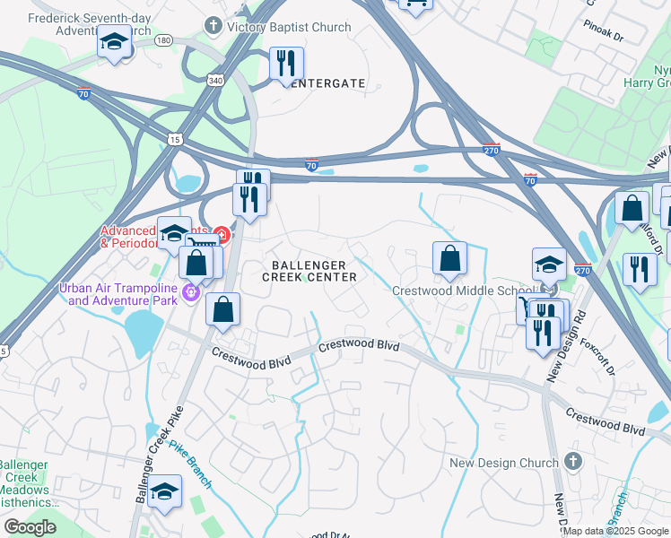 map of restaurants, bars, coffee shops, grocery stores, and more near 603 Tivoli Road in Frederick