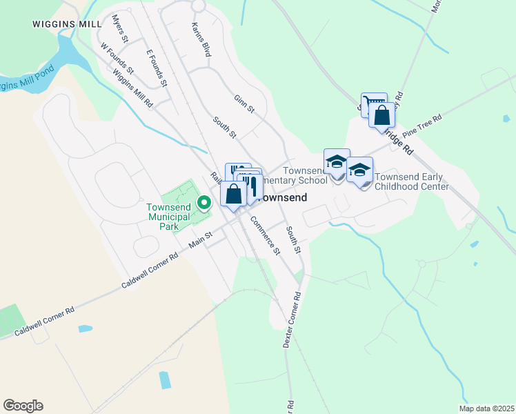map of restaurants, bars, coffee shops, grocery stores, and more near 314 Main Street in Townsend