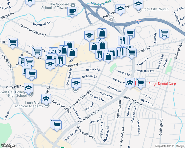 map of restaurants, bars, coffee shops, grocery stores, and more near 1570 Dellsway Road in Towson