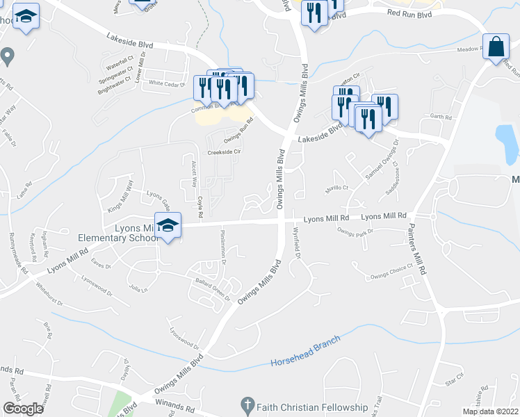 map of restaurants, bars, coffee shops, grocery stores, and more near 9424 Manor Forge Way in Owings Mills